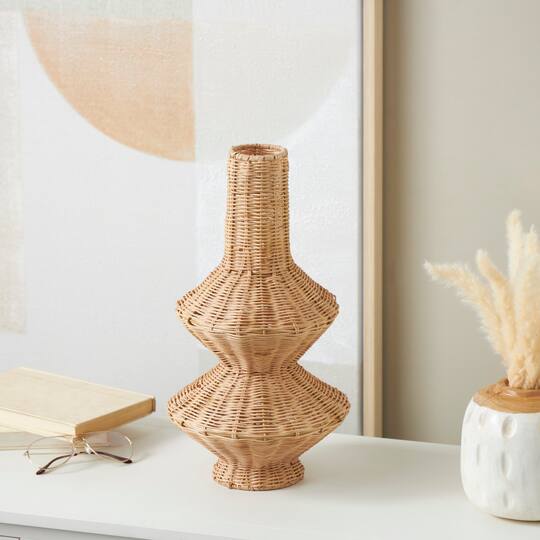 16" Brown Rattan Handmade Fluted Hourglass Vase